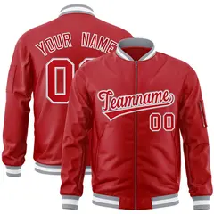 Red White-Gray Varsity Full-Zip Letterman Bomber Jacket 1