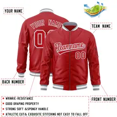 Red White-Gray Varsity Full-Zip Letterman Bomber Jacket 2