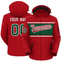 Red White-Green Color Block Hooded Outdoor Waterproof Jacket