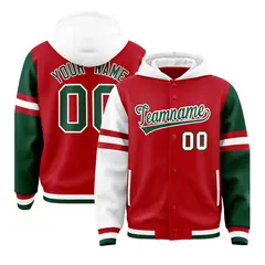 Red White-Green Raglan Three Stripes Varsity Letterman Jacket Hoodie 1