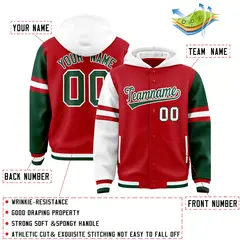 Red White-Green Raglan Three Stripes Varsity Letterman Jacket Hoodie 4