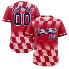 Red White Grid Speckles Color Block Baseball Jersey