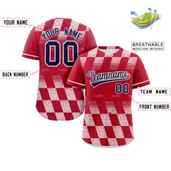 Red White Grid Speckles Color Block Baseball Jersey 2