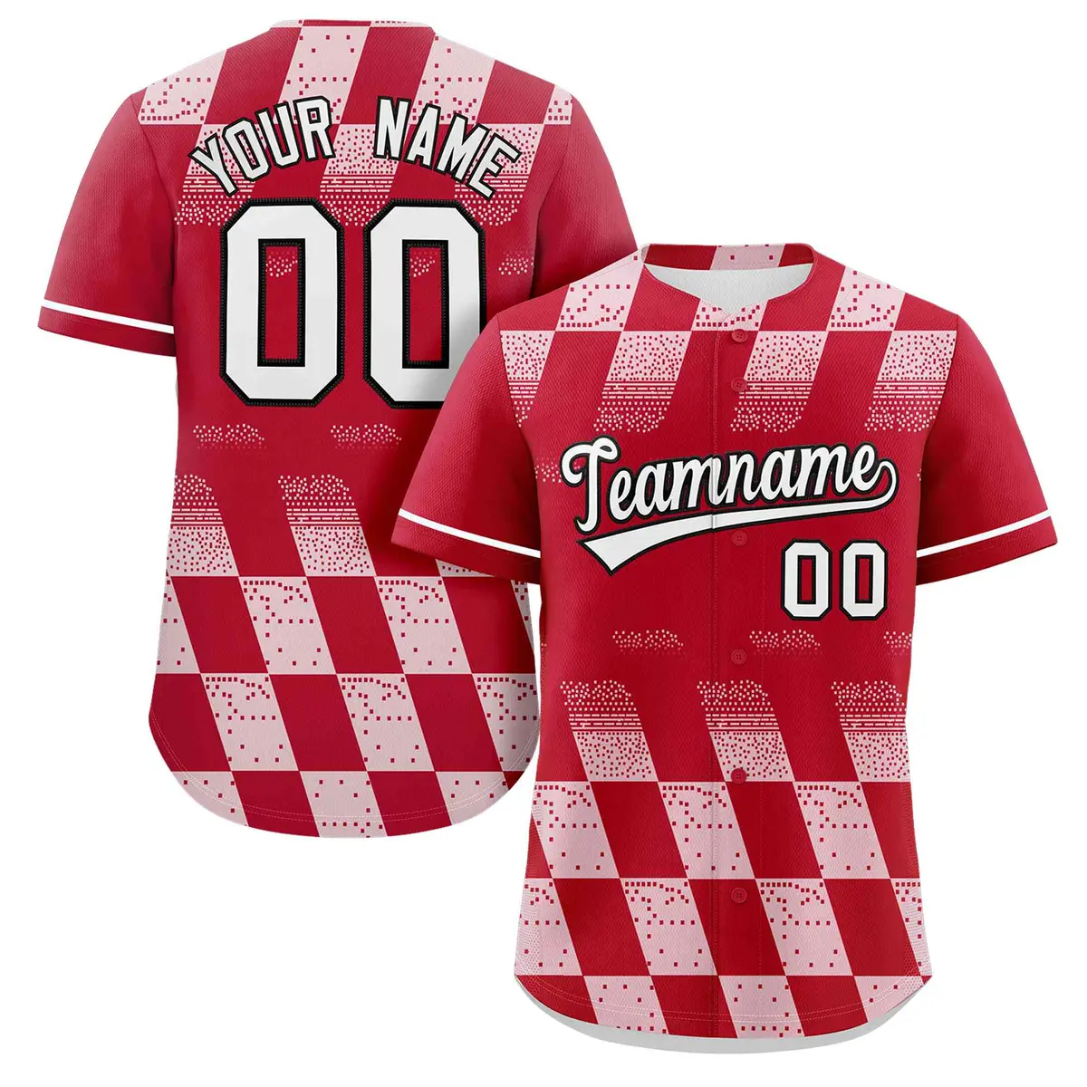Red White Grid Speckles Color Block Baseball Jersey