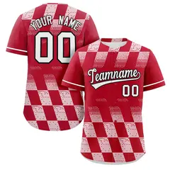 Red White Grid Speckles Color Block Baseball Jersey