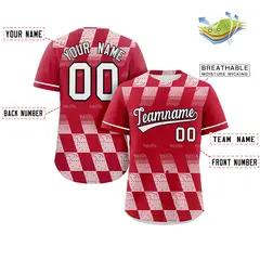 Red White Grid Speckles Color Block Baseball Jersey 2