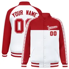 Red White K-Ribbon Raglan Varsity Full-Snap Color Block Letterman Jacket