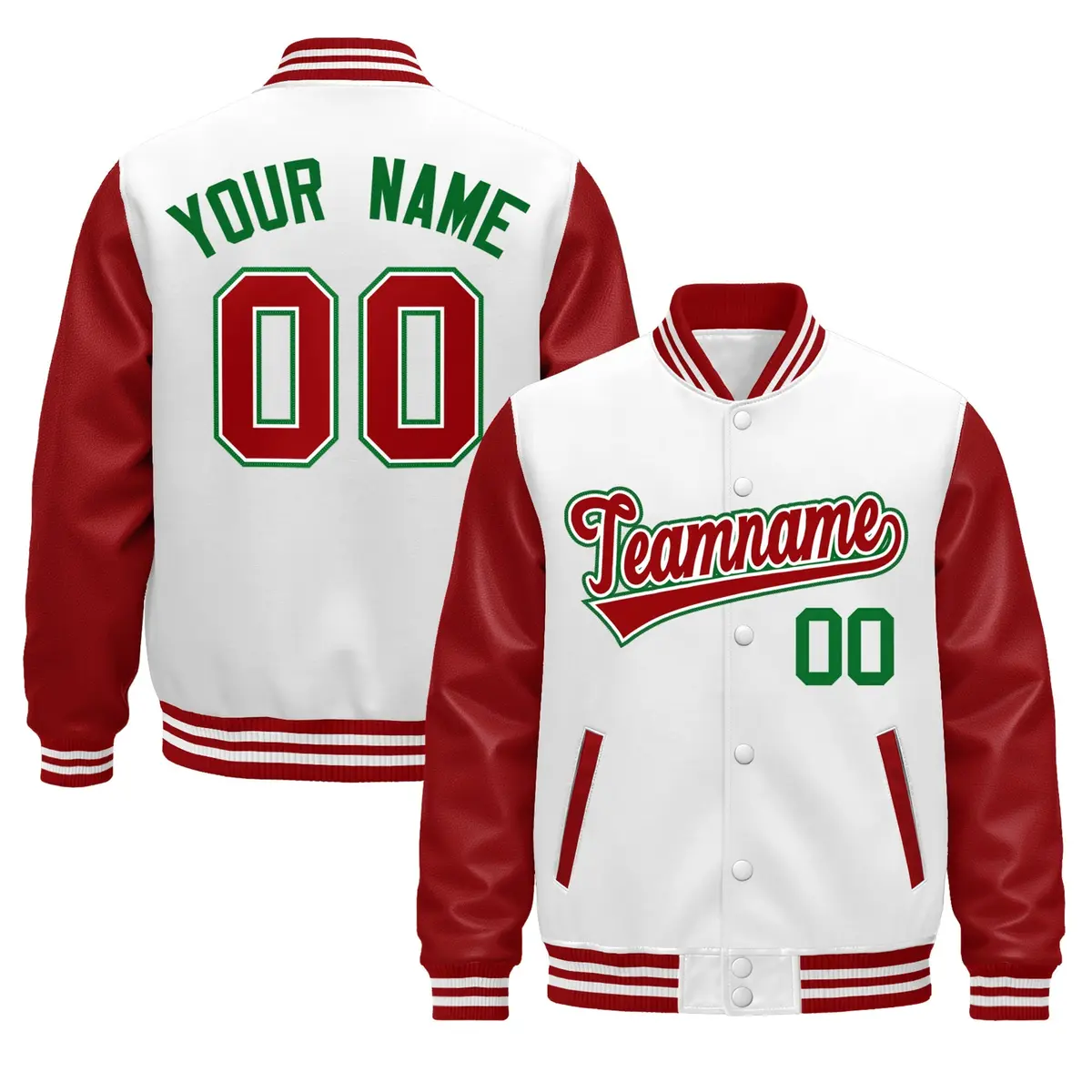 Red White Kelly Green Raglan Varsity Full-Snap Leather Sleeves Letterman Jacket