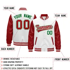 Red White Kelly Green Raglan Varsity Full-Snap Leather Sleeves Letterman Jacket 2