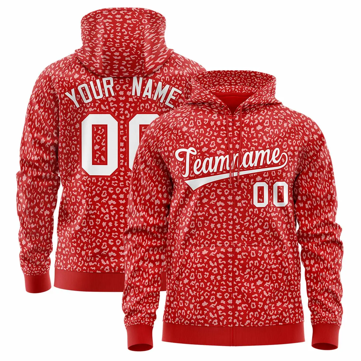 Red White Leopard Print Varsity Full-Zip Letterman Jacket Hoodie