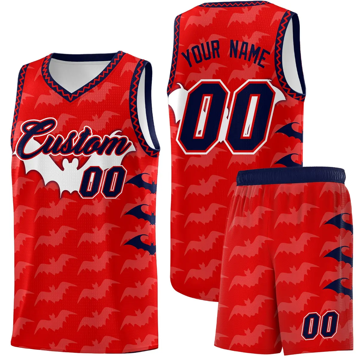 Red White Navy Bat Pattern Halloween Basketball Jersey
