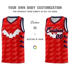 Red White Navy Bat Pattern Halloween Basketball Jersey 3