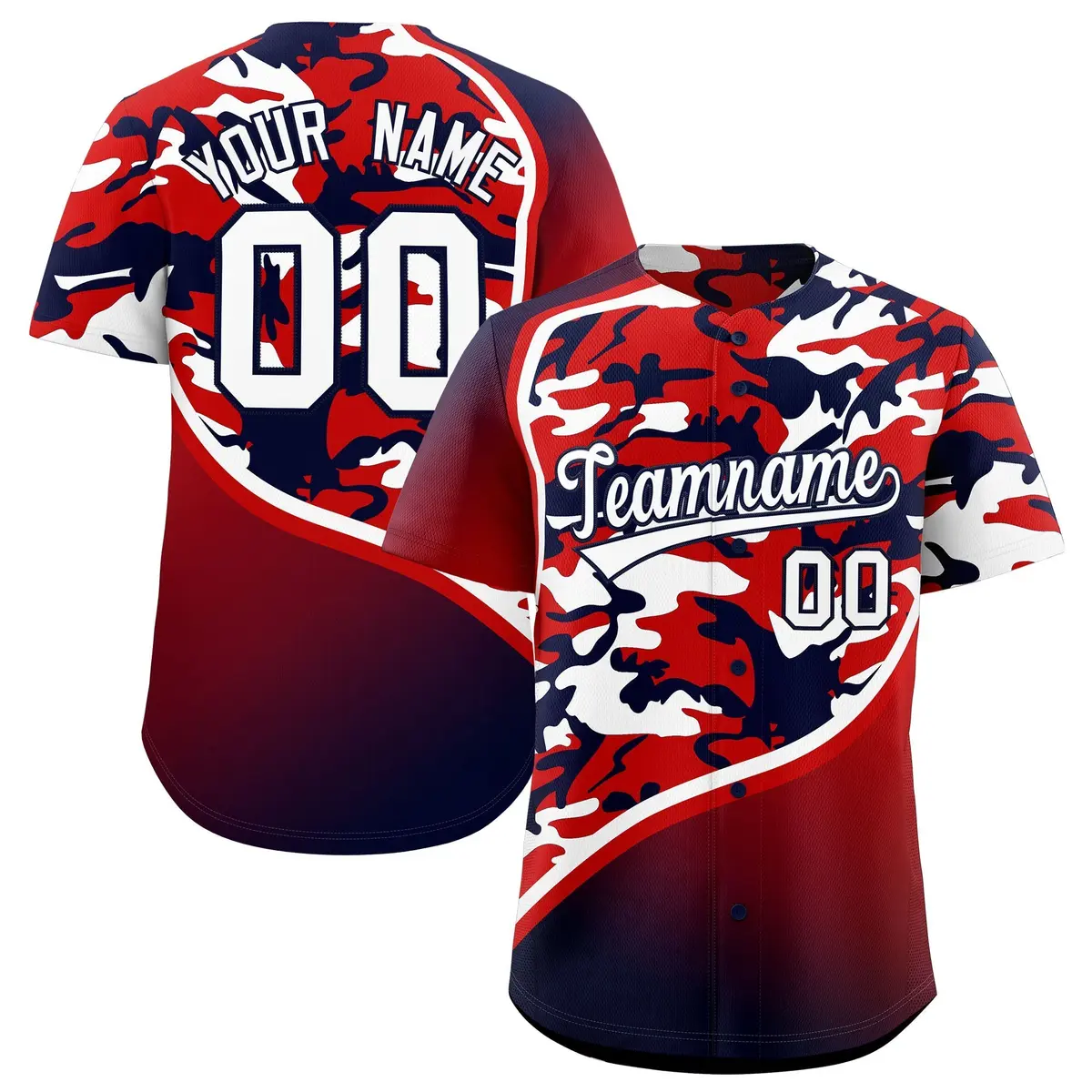 Red White Navy Camo Gradient Fashion Baseball Jersey