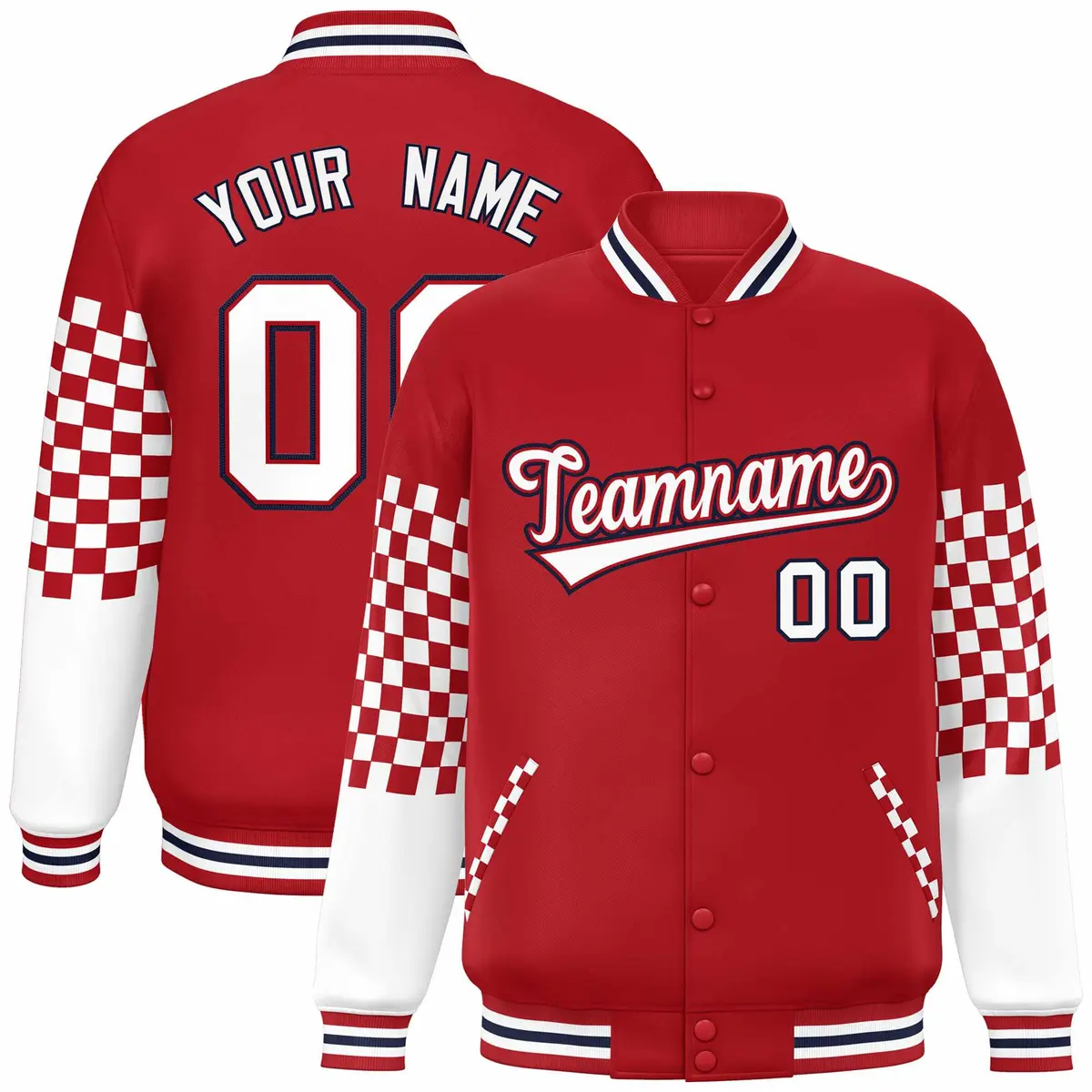 Red White-Navy Checkered Color Block Bomber Varsity Jacket