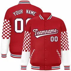 Red White-Navy Checkered Color Block Bomber Varsity Jacket 1