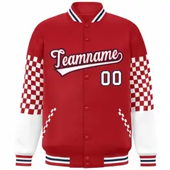 Red White-Navy Checkered Color Block Bomber Varsity Jacket 3