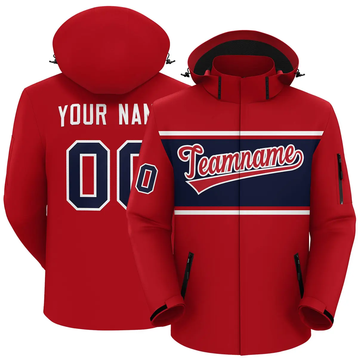 Red White-Navy Color Block Hooded Waterproof Outdoor Jacket