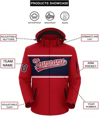 Red White-Navy Color Block Hooded Waterproof Outdoor Jacket 2