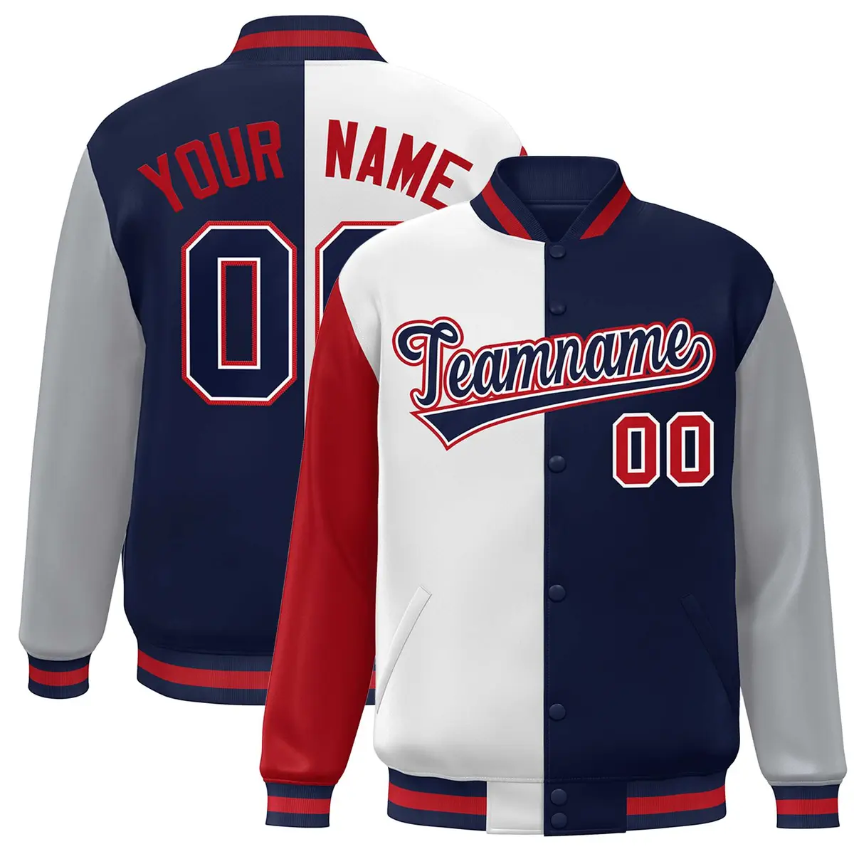 Red White Navy-Gray Color Block Varsity Bomber Jacket
