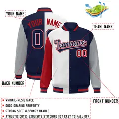 Red White Navy-Gray Color Block Varsity Bomber Jacket 2