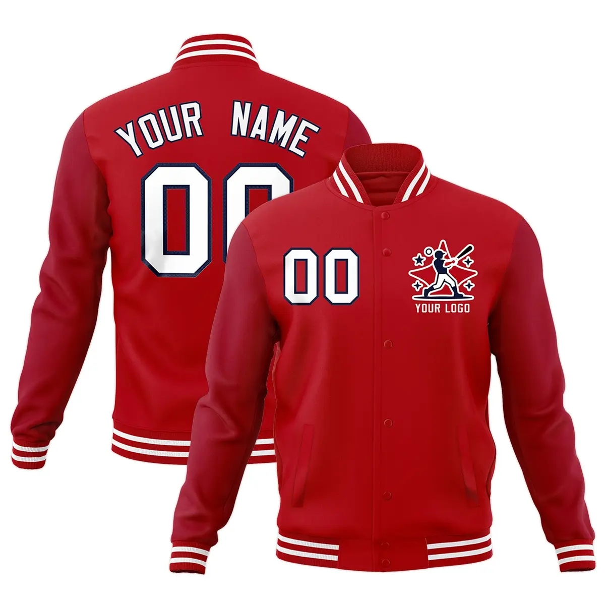 Red White Navy Raglan Full-Snap Letterman Cotton Jacket