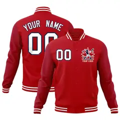Red White Navy Raglan Full-Snap Letterman Cotton Jacket 1
