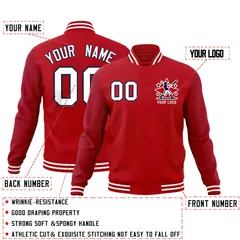 Red White Navy Raglan Full-Snap Letterman Cotton Jacket 2