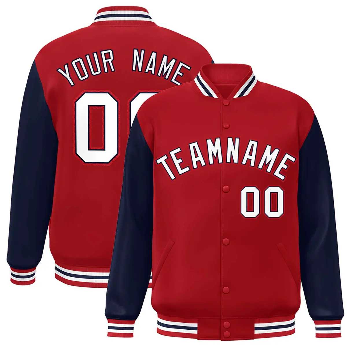 Red White-Navy Raglan Sleeves Varsity Full-Snap Letterman Jacket