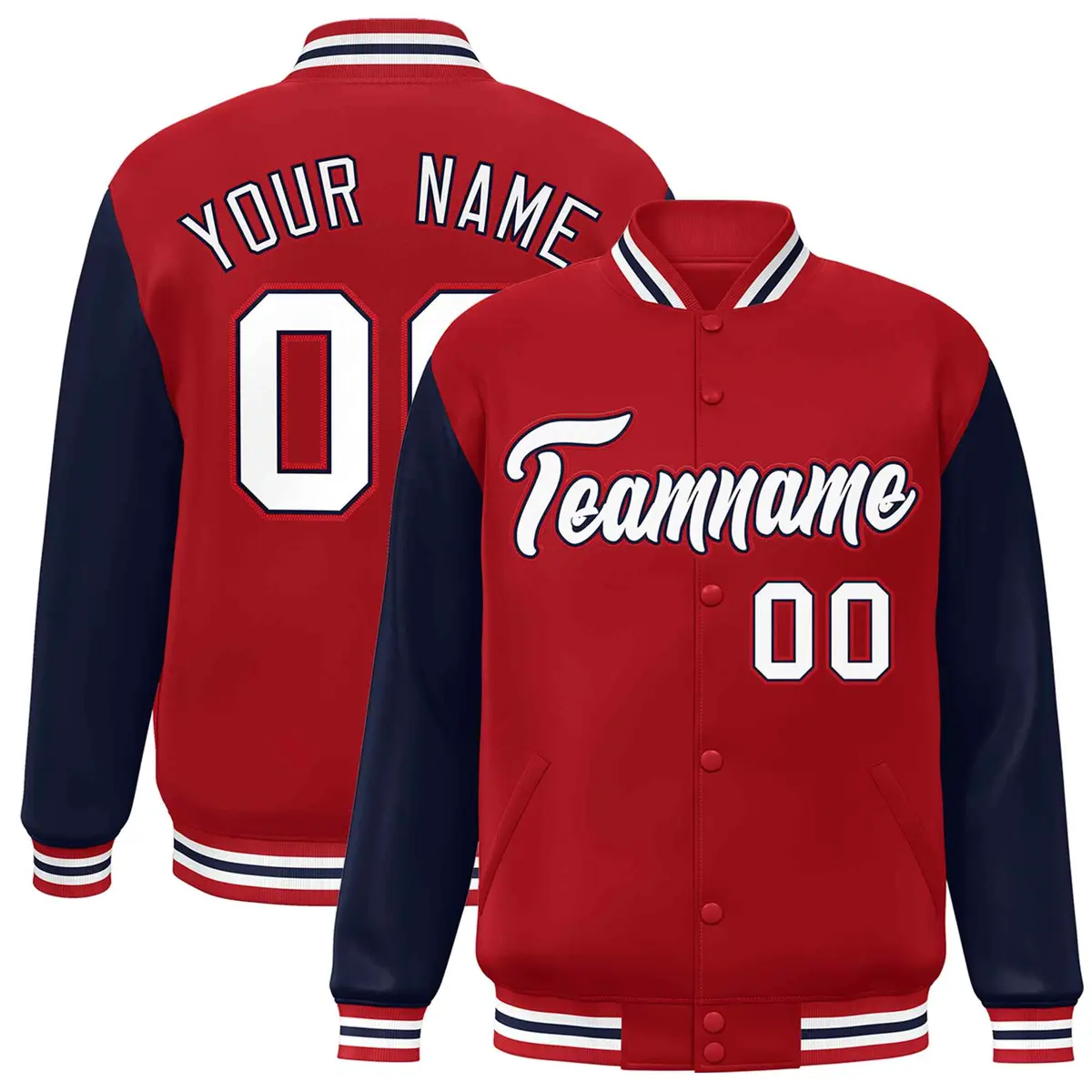Red White-Navy Raglan Sleeves Varsity Full-Snap Letterman Jacket