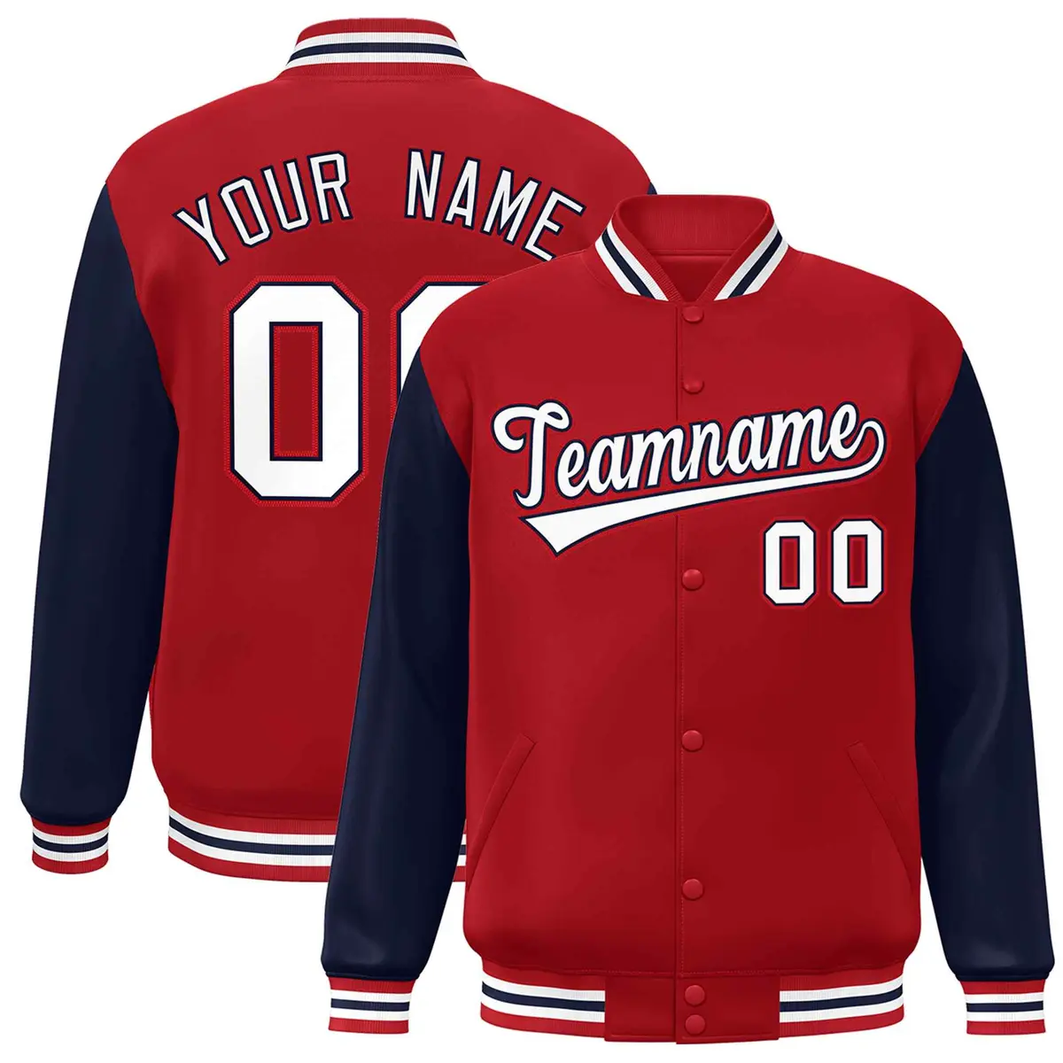 Red White-Navy Raglan Sleeves Varsity Full-Snap Letterman Jacket