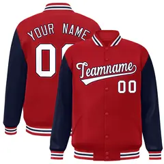 Red White-Navy Raglan Sleeves Varsity Full-Snap Letterman Jacket 1