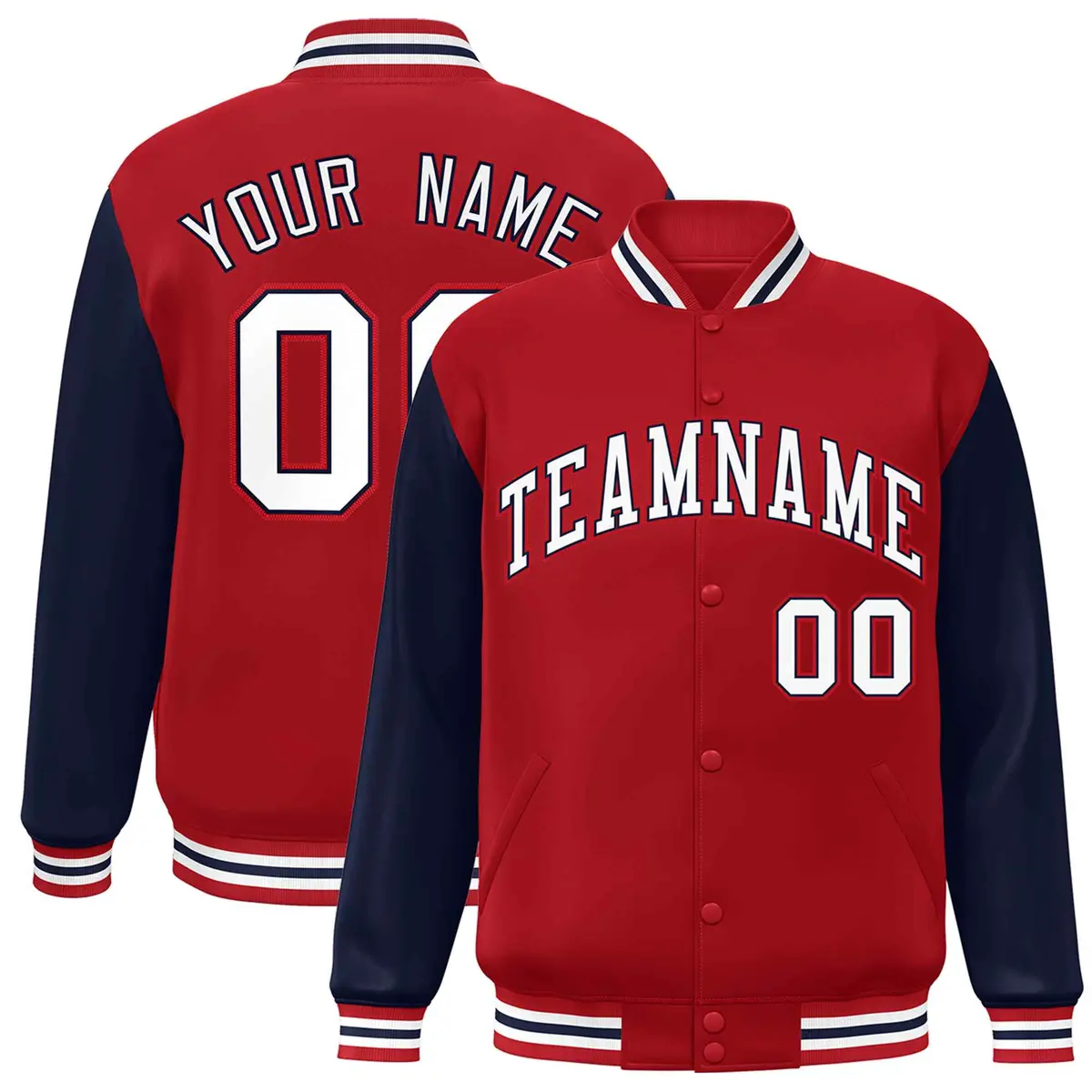 Red White-Navy Raglan Sleeves Varsity Full-Snap Letterman Jacket