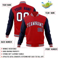 Red White-Navy Raglan Sleeves Varsity Full-Snap Letterman Jacket 4