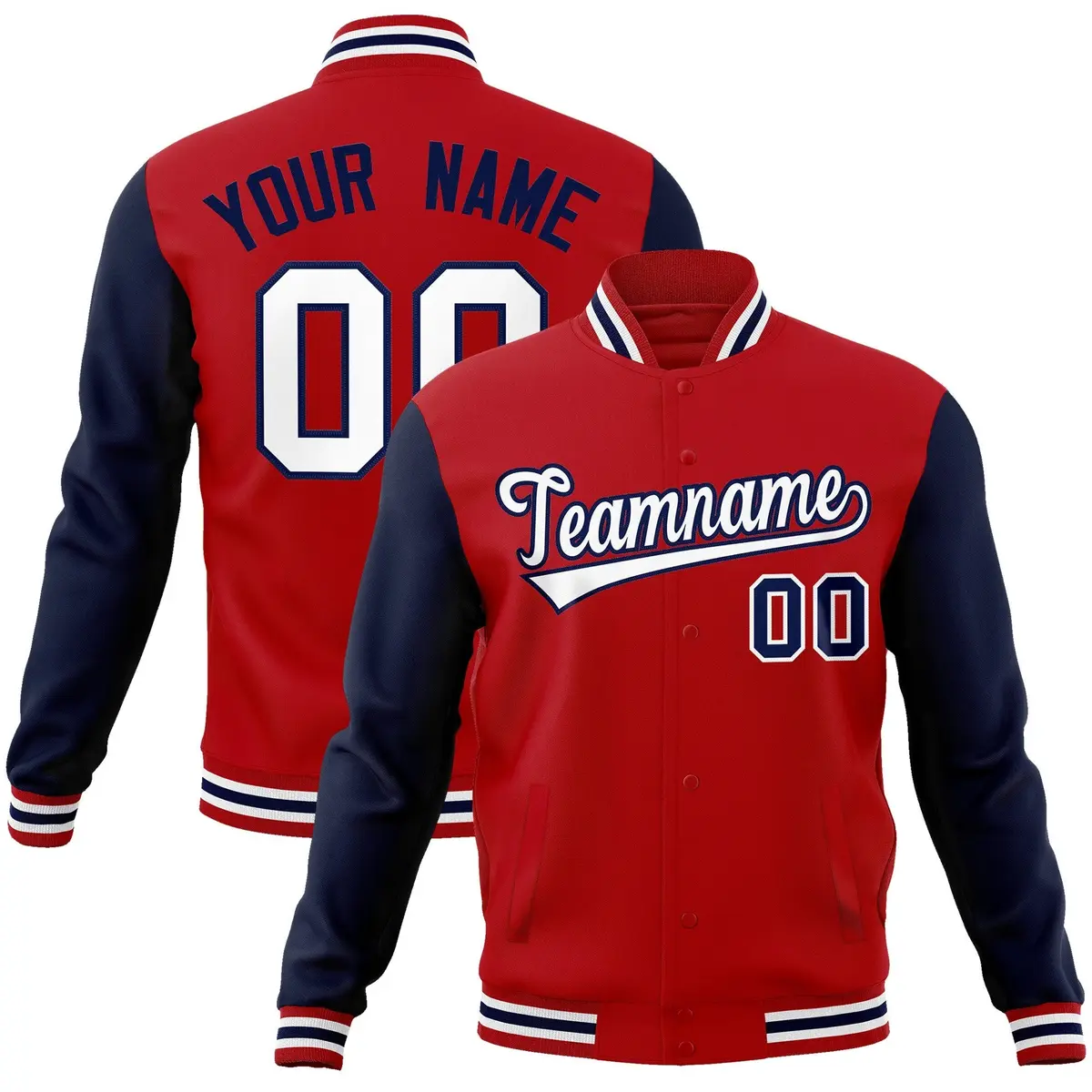 Red White-Navy Raglan Sleeves Varsity Full-Snap Letterman Jacket