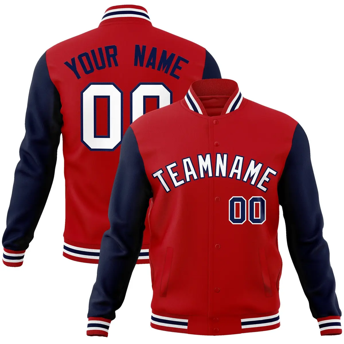 Red White-Navy Raglan Sleeves Varsity Full-Snap Letterman Jacket