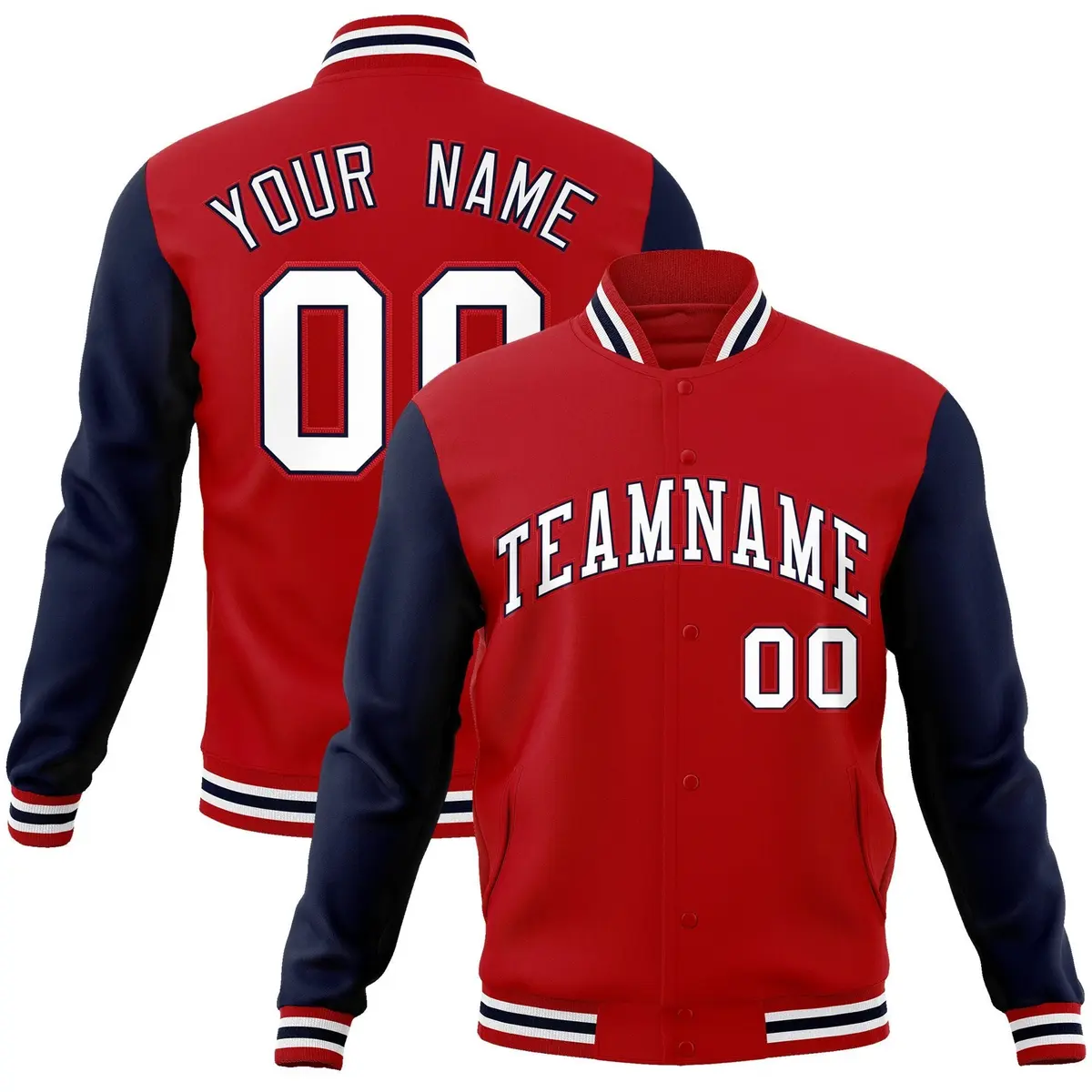 Red White-Navy Raglan Sleeves Varsity Full-Snap Letterman Jacket