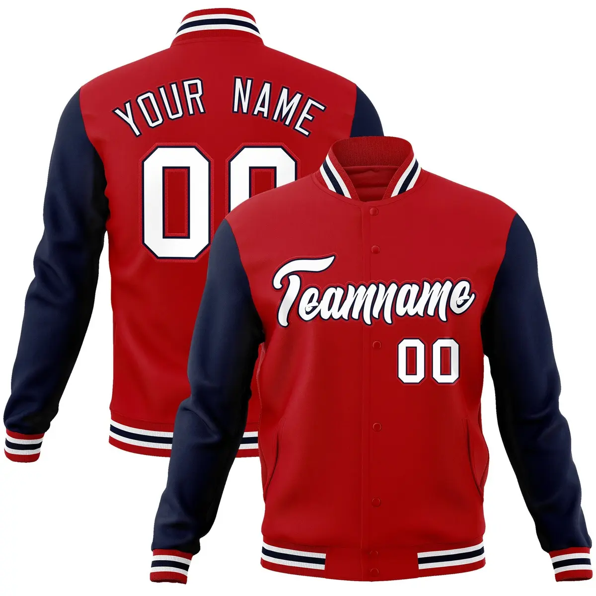 Red White-Navy Raglan Sleeves Varsity Full-Snap Letterman Jacket