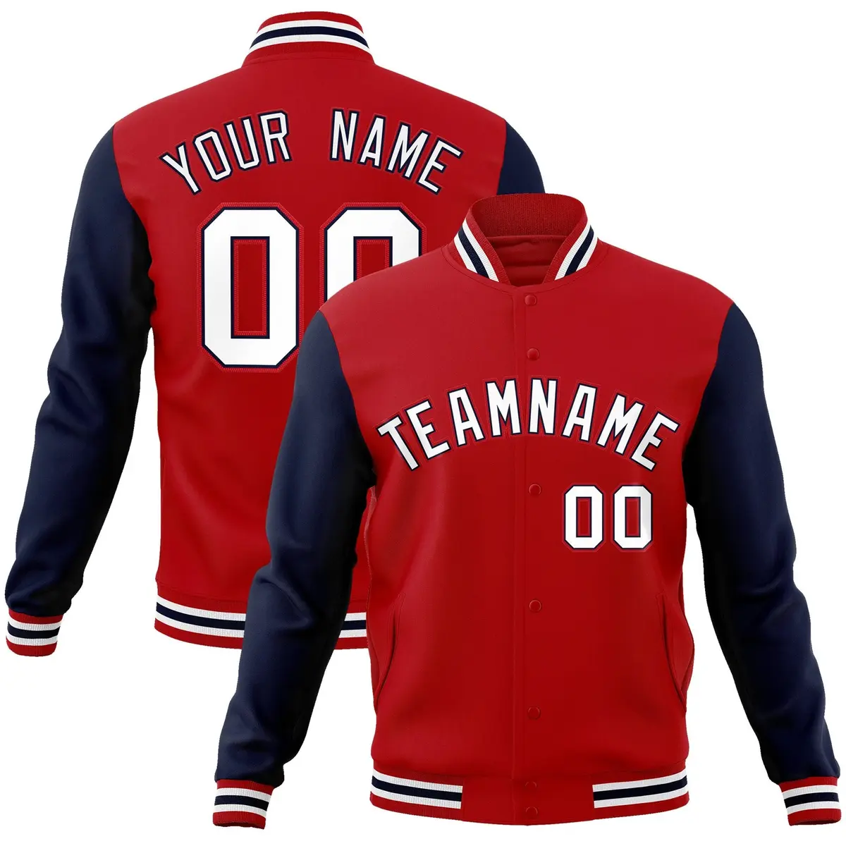 Red White-Navy Raglan Sleeves Varsity Full-Snap Letterman Jacket