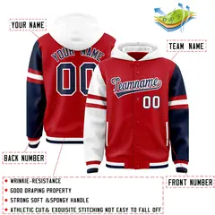 Red White-Navy Raglan Three Stripes Varsity Letterman Hoodie 4