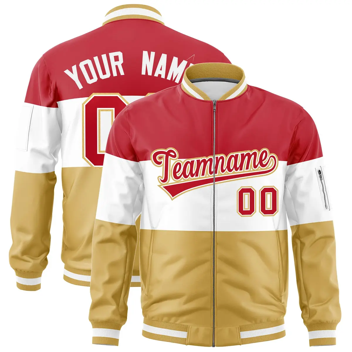 Red White-Old Gold Varsity Color Block Full-Zip Letterman Bomber Jacket