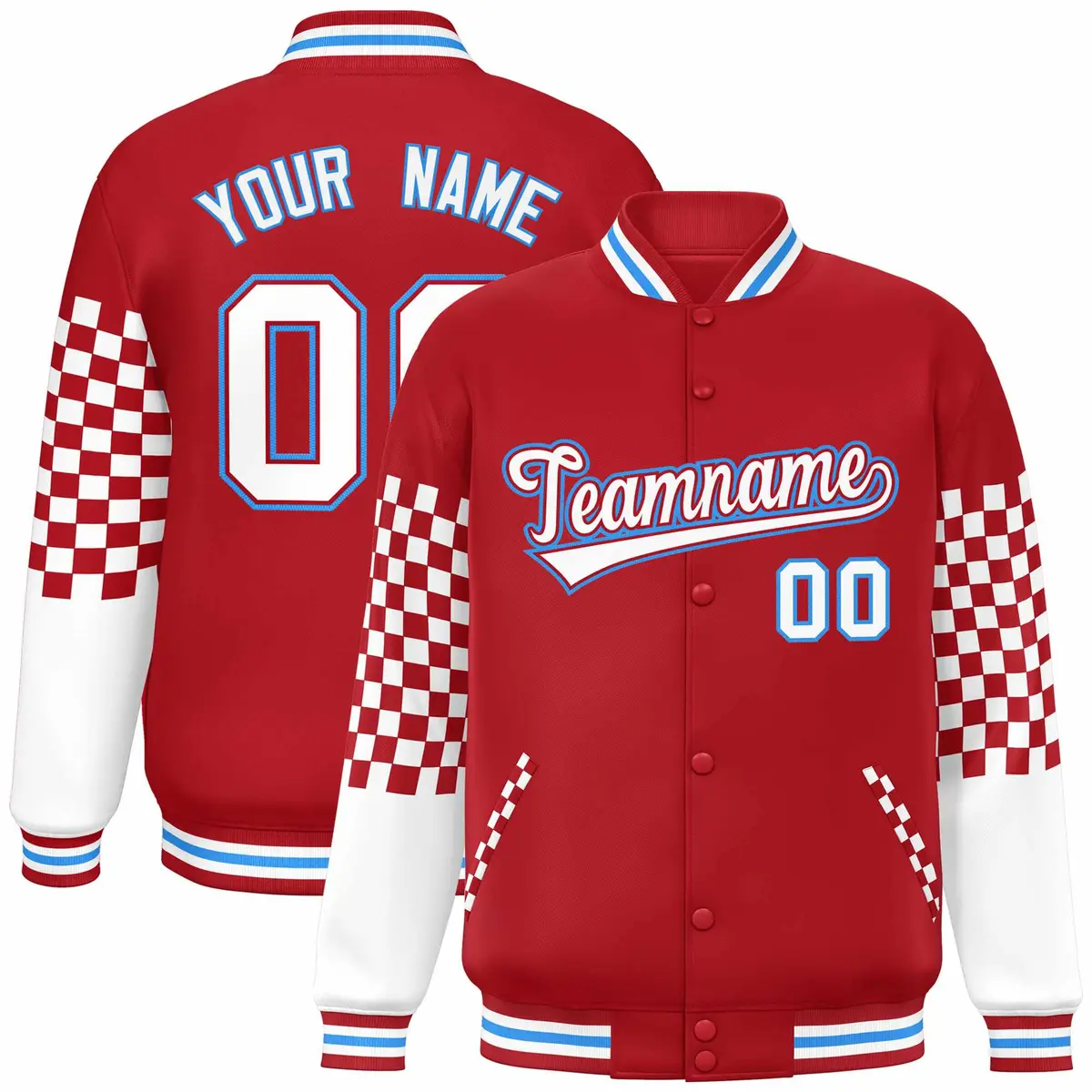 Red White-Powder Blue Checkered Color Block Bomber Varsity Jacket