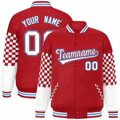 Red White-Powder Blue Checkered Color Block Bomber Varsity Jacket 1
