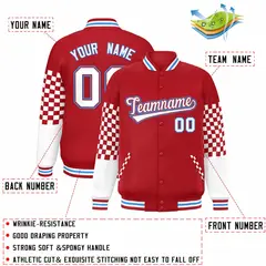 Red White-Powder Blue Checkered Color Block Bomber Varsity Jacket 2