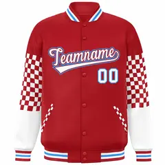 Red White-Powder Blue Checkered Color Block Bomber Varsity Jacket 3