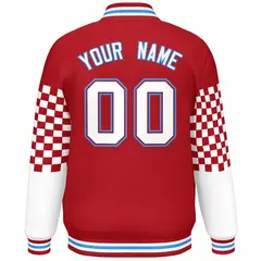 Red White-Powder Blue Checkered Color Block Bomber Varsity Jacket 4