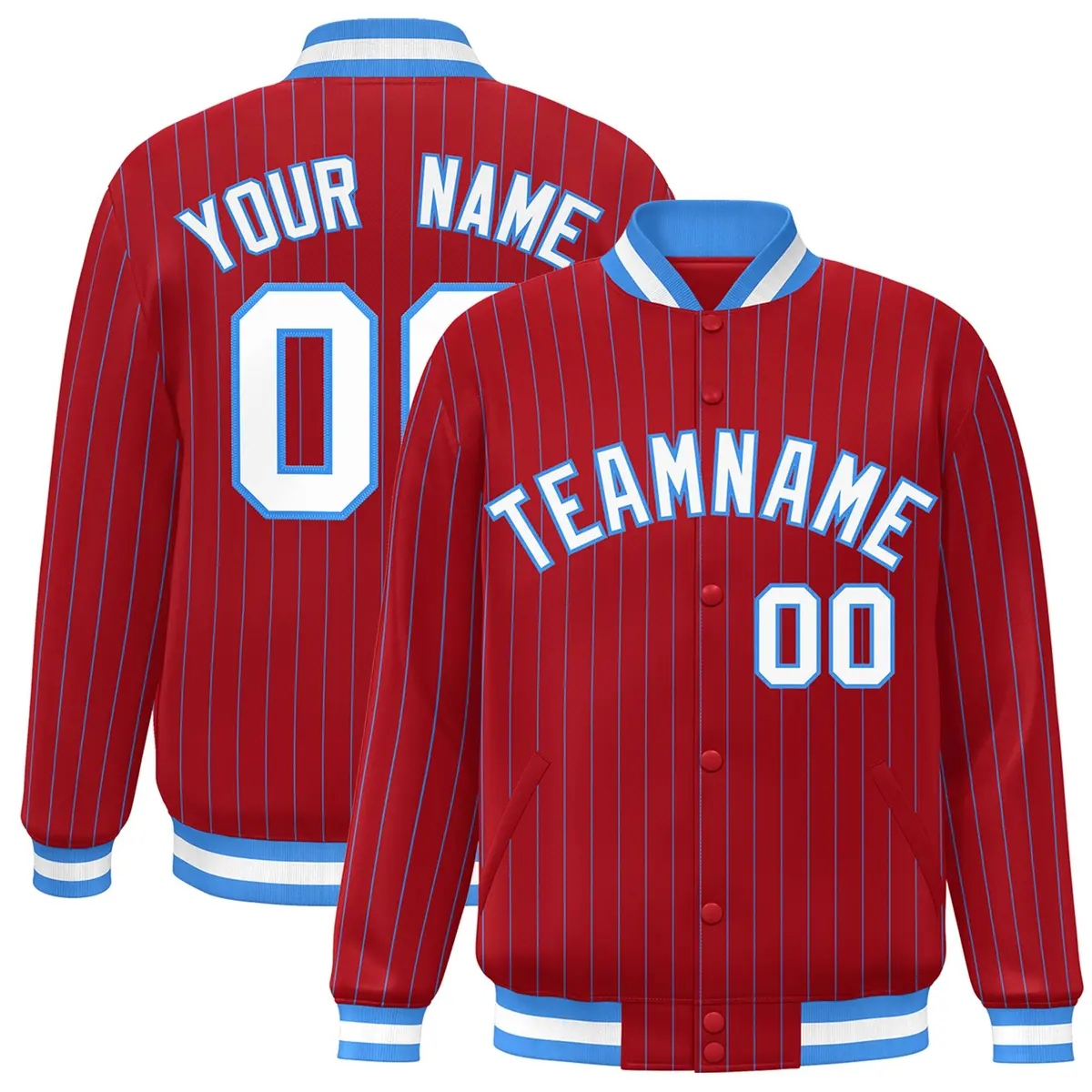 Red White-Powder Blue Stripe Letterman Bomber Varsity Jacket