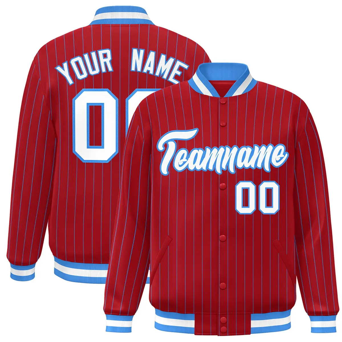 Red White-Powder Blue Stripe Letterman Bomber Varsity Jacket
