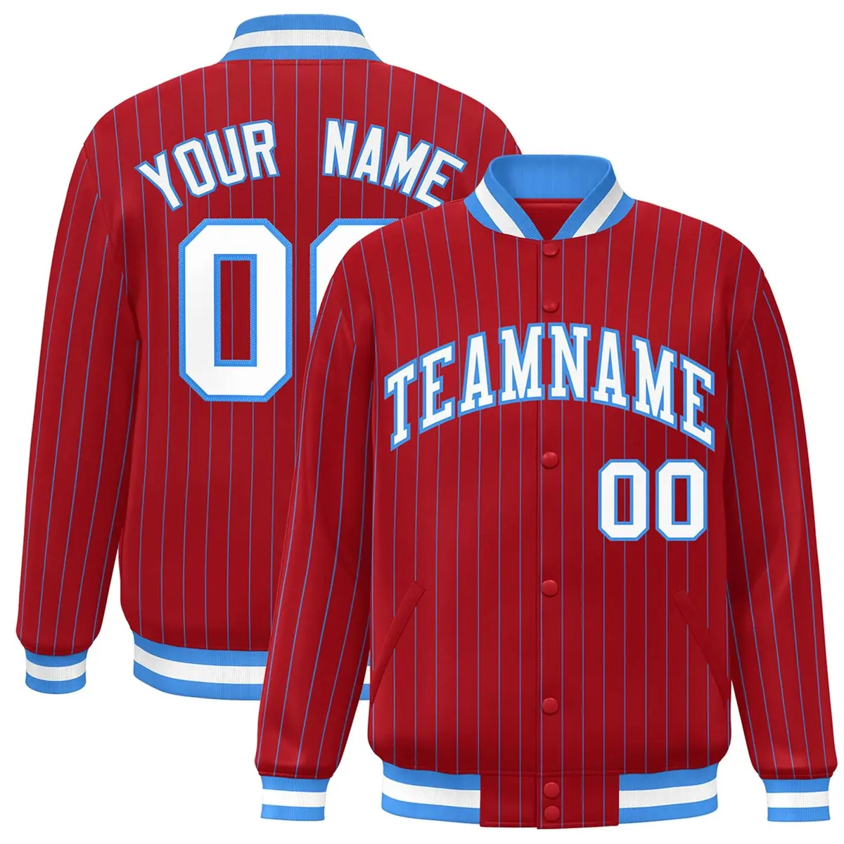 Red White-Powder Blue Stripe Letterman Bomber Varsity Jacket