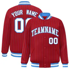 Red White-Powder Blue Stripe Letterman Bomber Varsity Jacket