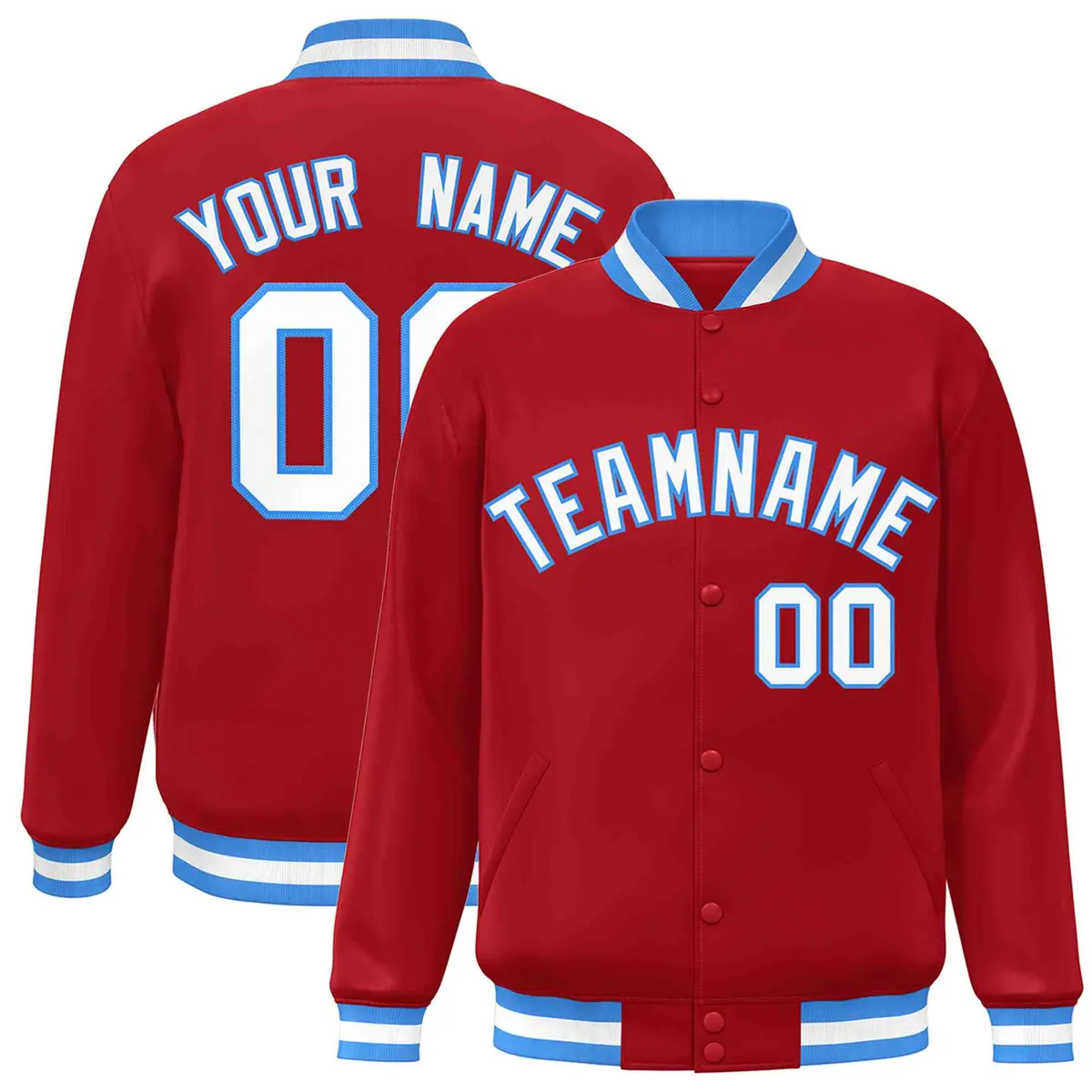 Red White-Powder Blue Varsity Full-Snap Letterman Jacket
